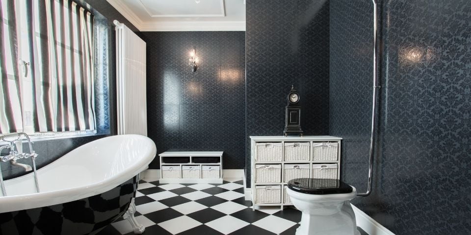 A Modern Bathroom Featuring Décor That is a Mix of Black and White