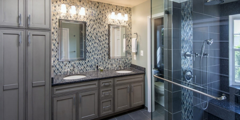 Modern Bathroom Remodel in Northern Virginia & Washington D.C. with Walk In Glass Shower and Custom Vanity Cabinetry | Denny + Gardner