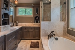 Bathroom Remodeling Services Modern Luxury Bathroom with Tub and Glass Door Tile Shower | Denny + Gardner Design-Build Remodelers