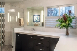 Bathroom Remodeling Services Monochrome Bathroom Design with Glass Walk In Shower and Black Cabinets | Denny + Gardner Design-Build Remodelers