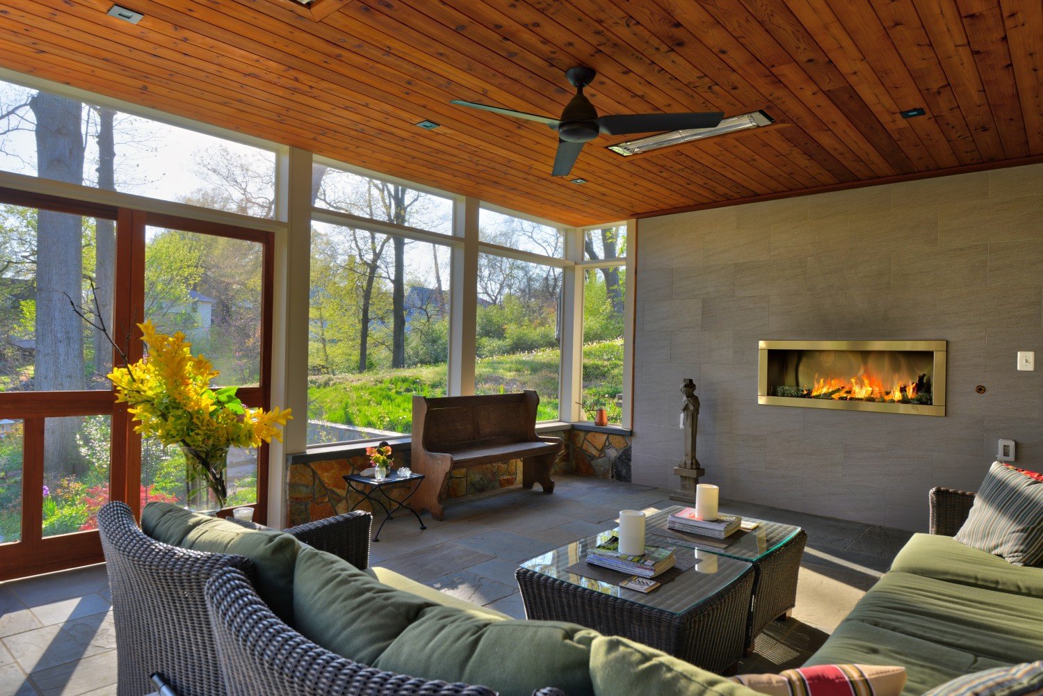 Porch with built-in fireplace