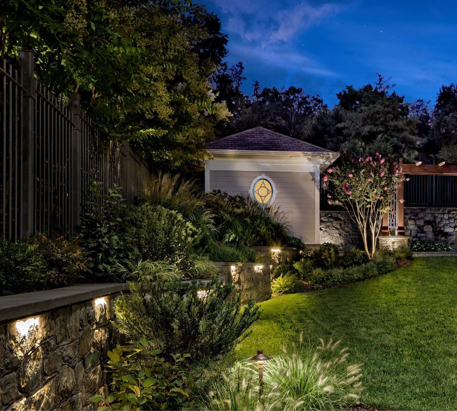 gorgeous-landscaped-entry-at-night